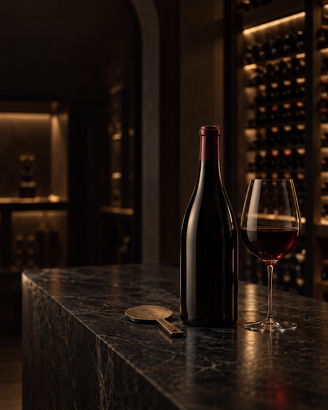 Fine wine bottle and glass in a private cellar